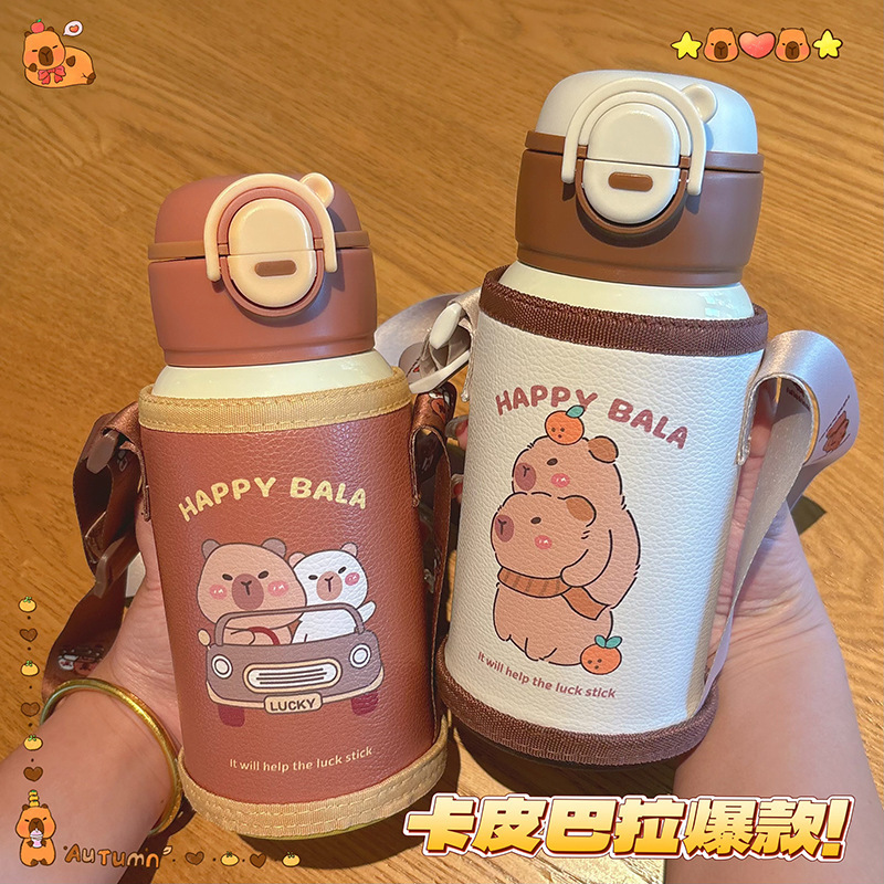 新しい Kapibara 子供用魔法瓶カップ 316 ステンレス鋼学生ポータブル屋外ワンカップダブルストローウォーターカップ|undefined