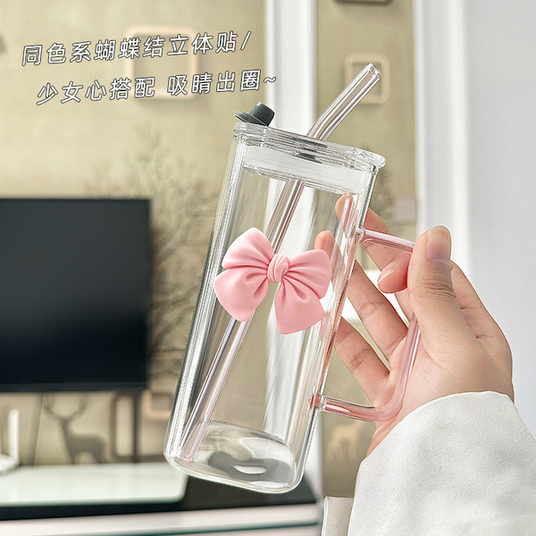 Transparent square coffee glass with glass with bow