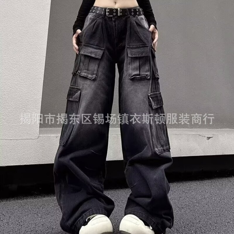 黑色水洗多口袋牛仔裤女胖mm大码夏季高腰宽松直筒裤阔腿工装裤子|undefined