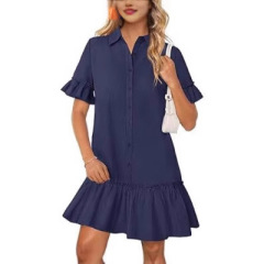 2025 女性の新しいアマゾン夏ボタンダウンシャツドレスカジュアルフリルスリーブストレートミニジャンプスーツ