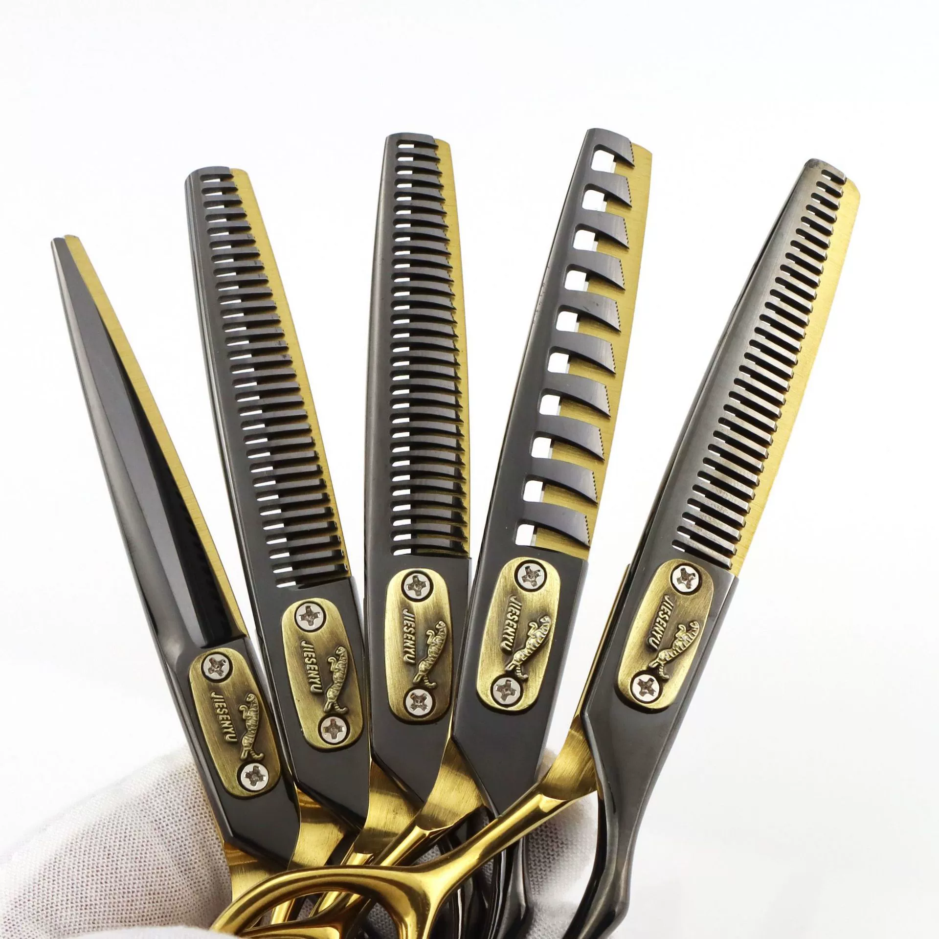 6.0inch Черное золото с леопардовым принтом, парикмахерские ножницы, парикмахерские ножницы, ножницы с зубьями, зубья из рога, бесшовные зубы, V-образные зубы, зубы из рыбьей кости