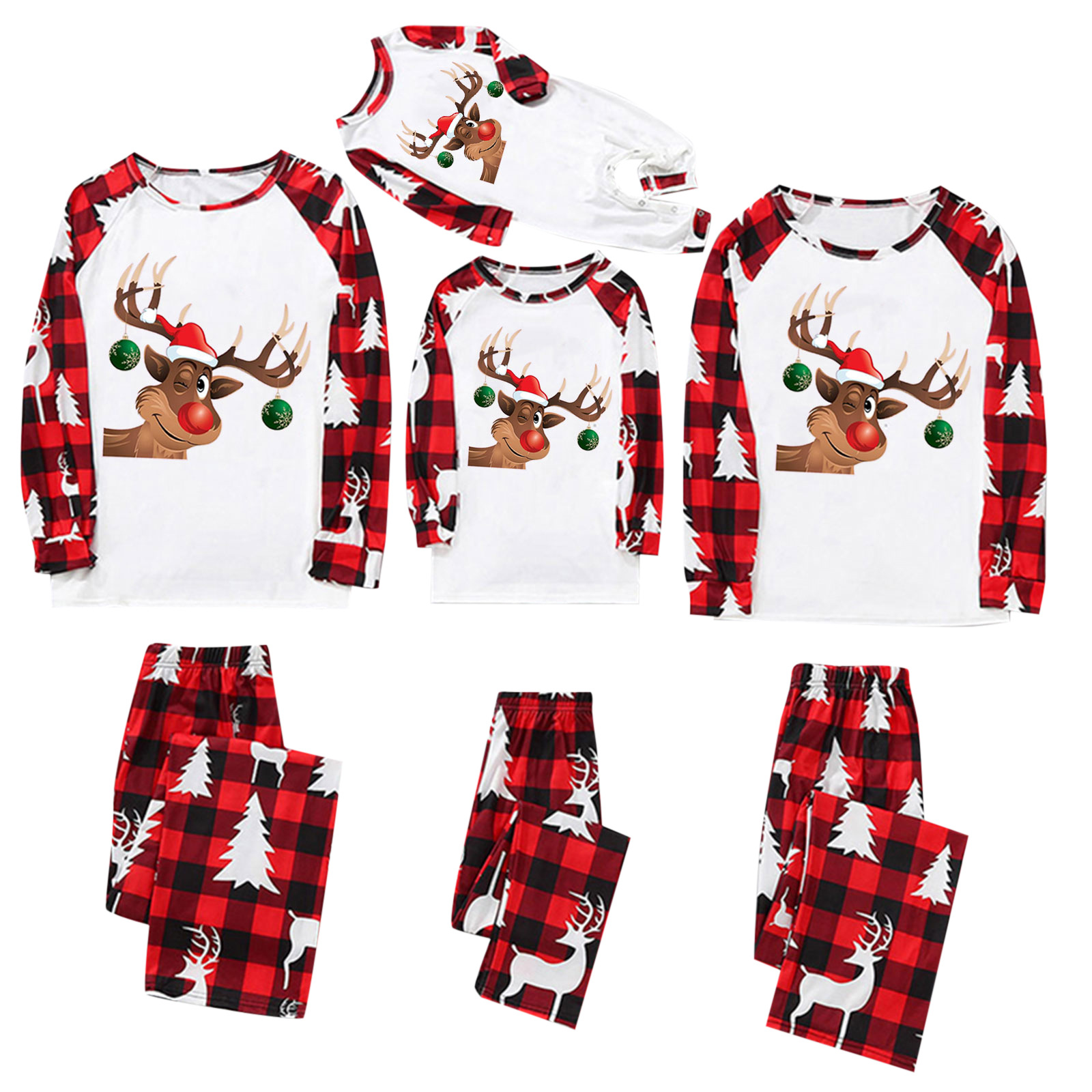 Casual Christmas Tree Plaid Elk Cotton Polyester Pants Sets Straight Pants Blouse Family Matching Outfits display picture 1
