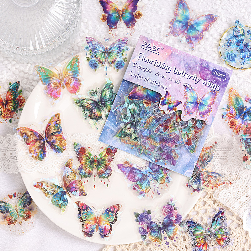 Danza de mariposa aire láser transparente pegatinas impermeables para mascotas bolsas DIY cuentas de mano diarios materiales decorativos pegatinas de mariposa retro