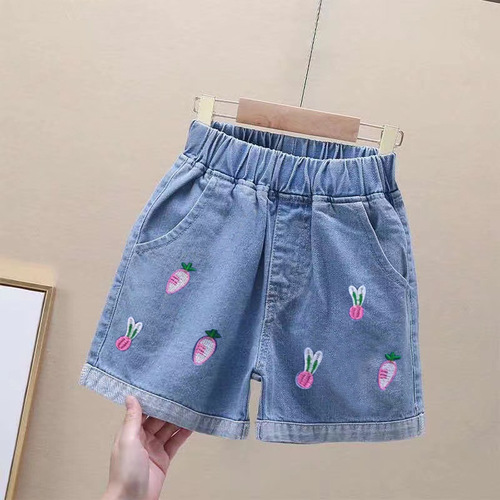 Girls' denim shorts 2024 new style fashionable children's high-waisted ripped pants for older kids and teenagers, thin wide-leg pants for girls