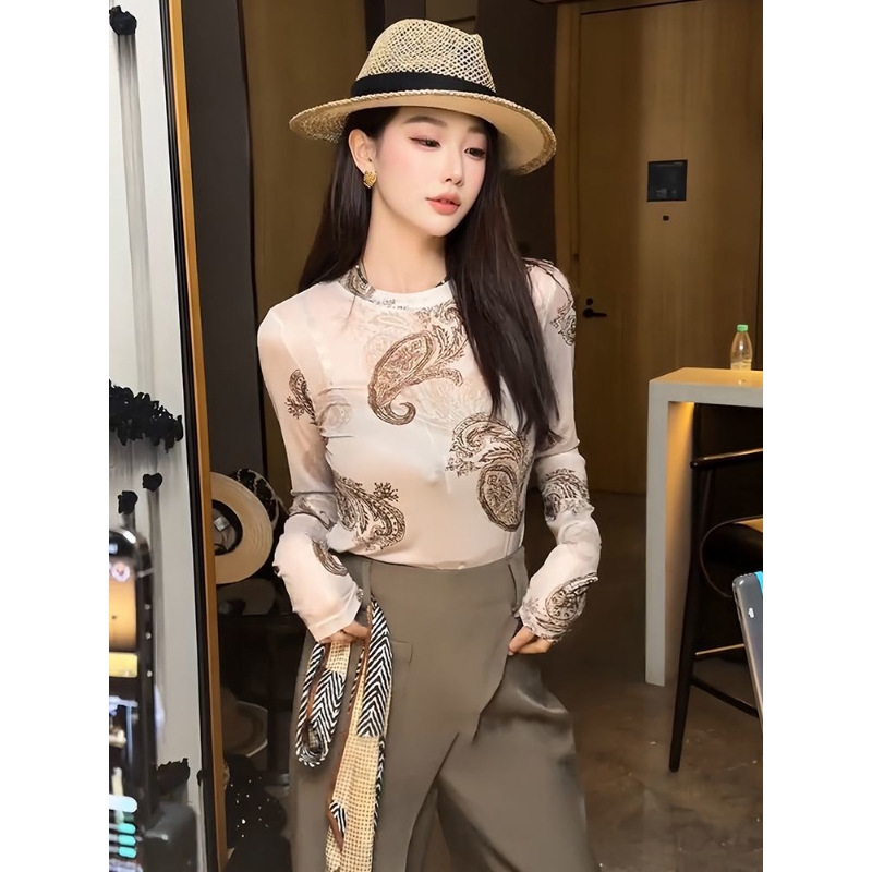 S010 気質プリントメッシュ長袖ラウンドネック Tシャツレディース夏スリムフィット外国風日焼け止めシャツ薄手トップ|undefined