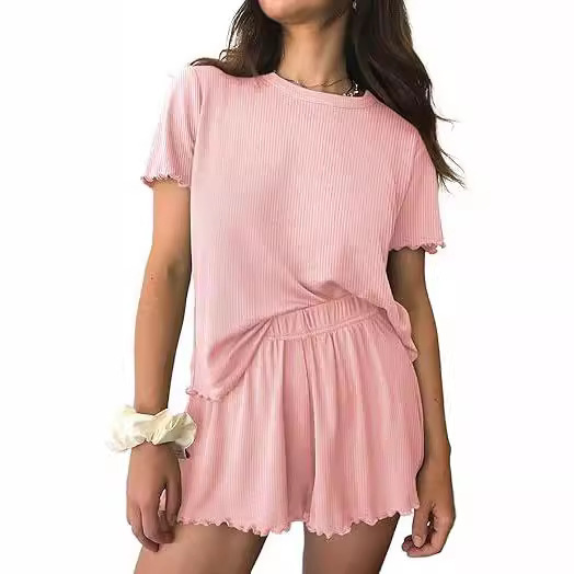 European and American Summer Women's Soft Pajamas Ribbed Knitted Wave Edge Short Sleeve Home Casual Top Shorts Set European and American Summer Women's Soft Pajamas Ribbed Knitted Wave Edge Short Sleeve Home Casual Top Shorts Set