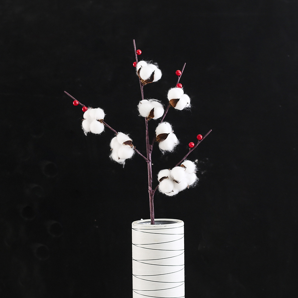 Envío Gratis, Flores Secas, Ramas Decorativas de Algodón, Adornos para Mesa de Navidad y Año Nuevo, Frutos Rojos Artificiales, Flores Falsas, Plantas Verdes