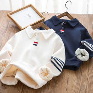 Boys Polo Shirt Sweatshirt 2025 Winter Velvet Thickeneded Kidsren's Lapel Medium and Large Kidsren's Style Top