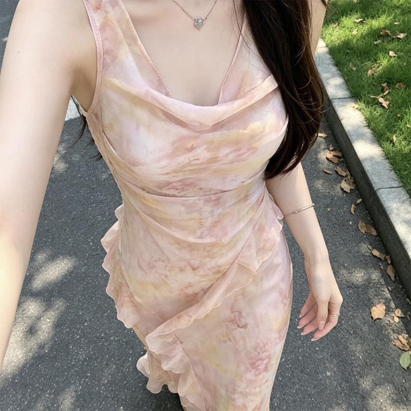 Floral Mermaid Strap Dress with Draped Neckline, Slim Fit High Waist Dress, Diagonal Cut Mermaid Tail Dress, Sleeveless Dress