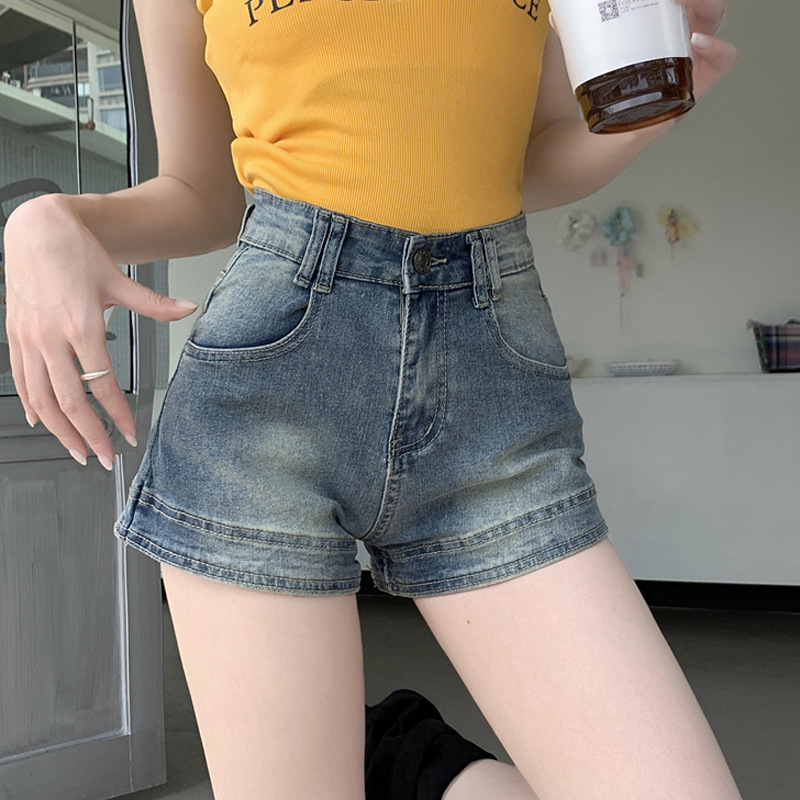 Stretch Denim Shorts Women's Ins Trendy Thin Niche Hip Retro High Waist Straight Hot Hot Trousers
