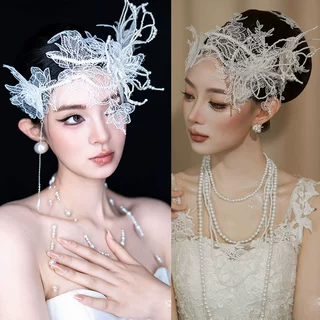 复古新娘头饰蕾丝花边珍珠发饰结婚发箍婚纱配饰蝴蝶结发带