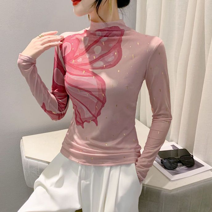 Şık ZarafetŞık ZarafetŞık ZarafetŞık Moda Avrupa Tarzı Baskılı İç Katman 2025 Yeni Trend Yüksek Yakalı File Üst Slim Fit Uzun Kollu Kadın Tişörtü_voghion.com