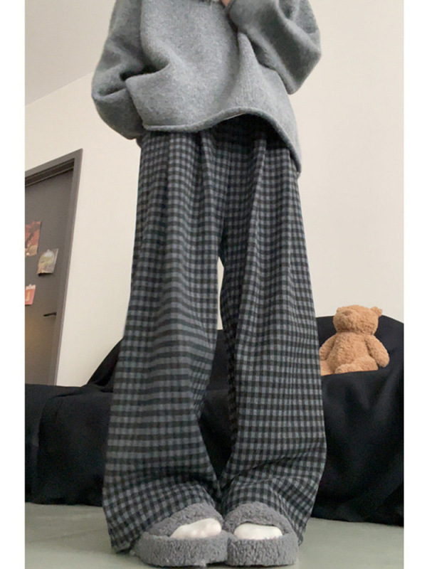 格雷系黑灰撞色阔腿慵懒风格子裤女秋季大码胖妹妹显瘦垂感休闲裤|undefined