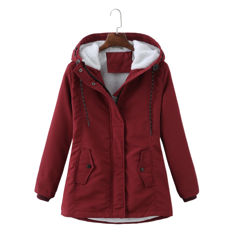 Parka de lana de cordero con capucha de mujer de tamaño europeo transfronterizo invierno cálido cintura mujer abrigo de algodón acolchado 615