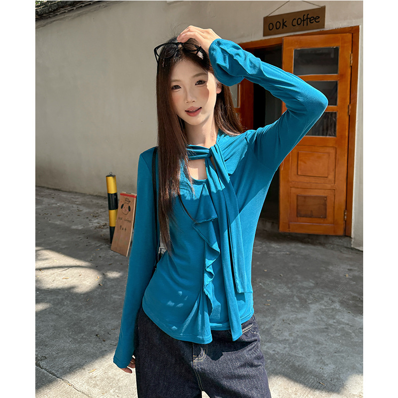 Real shot #Grey Ruffled Long Sleeve T-Shirt Women's Autumn Chic and Beautiful Base Layer Top Slim Fit Lyocell