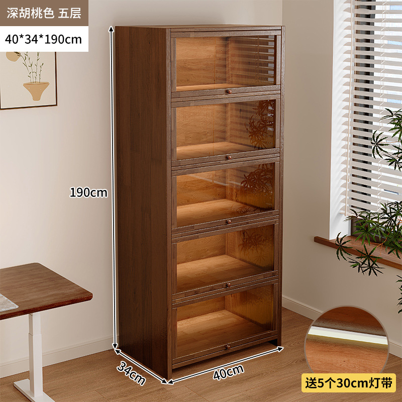 Librería de madera maciza a prueba de polvo integrada contra la pared Armario de almacenamiento de color nogal Armario de almacenamiento Armario de piso Estantería para el hogar