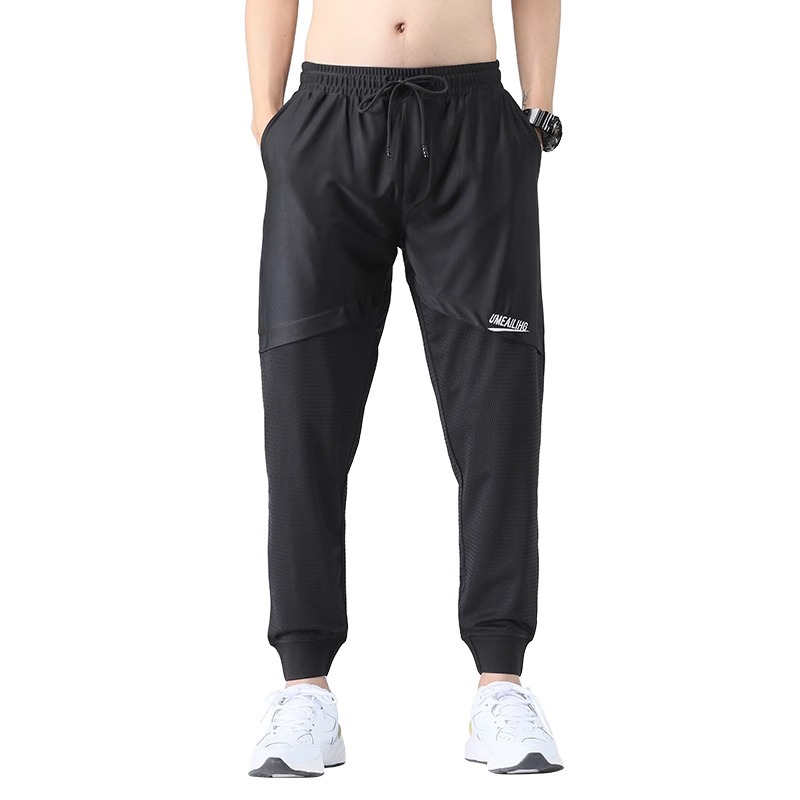 Camisa menos ropa de verano de seda de hielo de malla delgada pantalones casuales de los hombres de aire acondicionado harén atados al tobillo gris deportes pantalones cortos