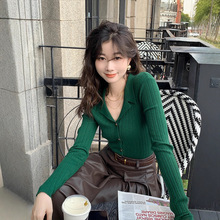 威森林港风早秋复古显瘦翻领针织衫女长袖修身上衣