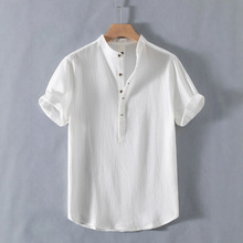 中国风春夏宽松高档男士亚麻短袖棉麻休闲透气5分半袖衬衫领t恤男