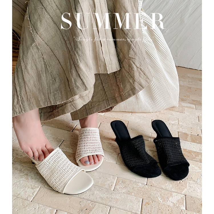 Dép sandal cao gót nữ kiểu Pháp mũi tròn hở ngón, lưới dệt thoáng khí — màu be, đen chi tiết 17