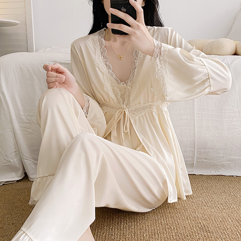 Ruth Same Spring and Summer Thin Ice Silk V-neck Pajamas Women's High-end Three-piece Outfit Home Clothes suit