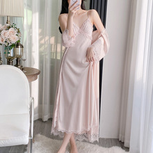 长款冰丝吊带睡裙两件套夏季女高级感露背蕾丝薄款纯欲风性感睡衣