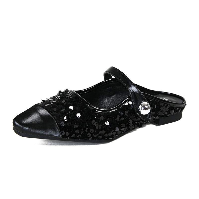Dép mule sandal nữ bít mũi vuông quai ngang đính sequin lấp lánh, gót thấp 1–3 cm — Màu bạc, Màu đen