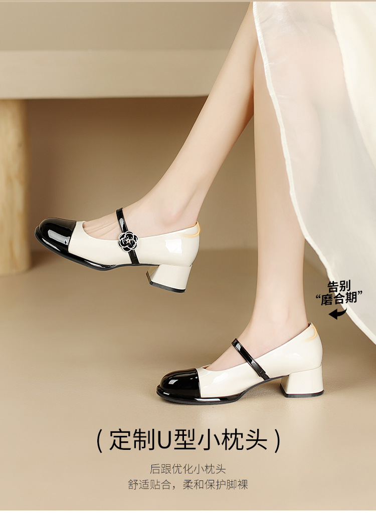 Giày Mary Jane nữ quai ngang cổ điển, gót vuông, mũi nhọn — AW107 mét Đen chi tiết 9