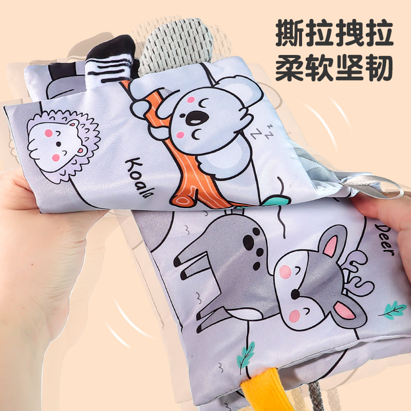 Libro de tela para bebés Libro de tela visual de cola de animal gris y blanco, el bebé no se rasga, puede morder el libro de tela tridimensional, juguete cognitivo