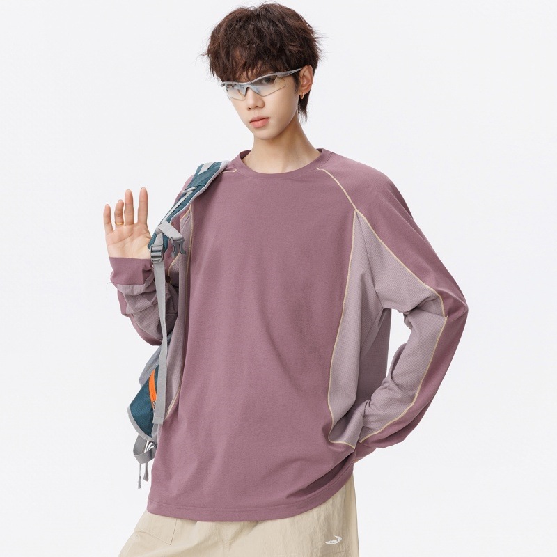 American trendy men's patchwork color-blocked long-sleeved base layer shirt, spring and autumn 2026 fashion casual versatile top