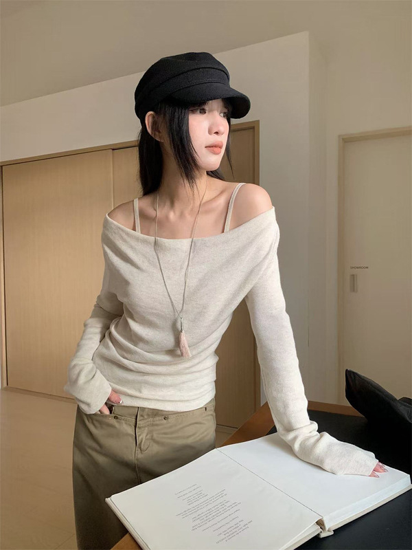 誉一新款2025秋季假两件设计感吊带t恤女显瘦一字肩长袖上衣c1341|undefined