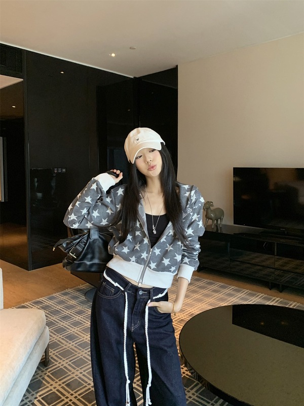 复古灰色星星连帽长袖卫衣外套女秋季美式宽松慵懒风休闲开衫上衣|undefined