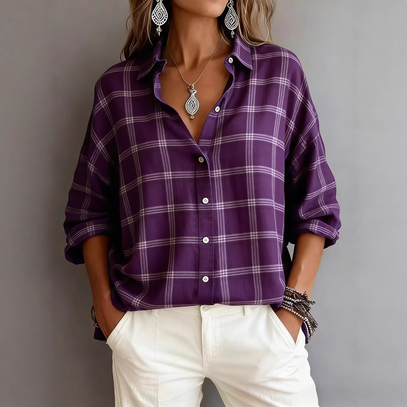 Cross-Border Summer Plaid Striped Women's Shirt with Single-Breasted Lapel Design, Lightweight, Loose Fit, Fashionable Cross-Border Summer Plaid Striped Women's Shirt with Single-Breasted Lapel Design, Lightweight, Loose Fit, Fashionable