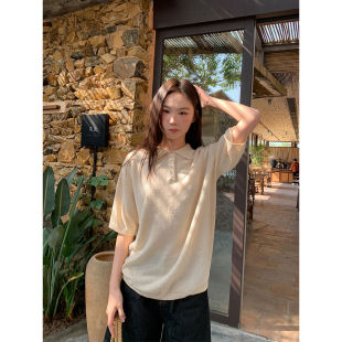 Retro Polo Collar Knitted Short-Sleeved T-Shirt for Women Spring and Summer New Loose Slimming Look Pure Color Lapel Top