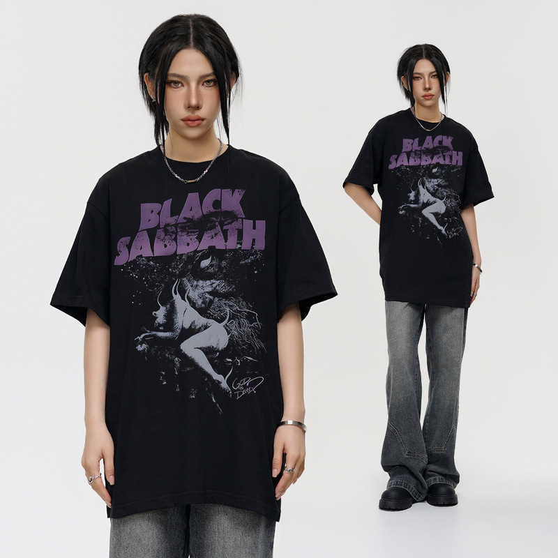 Black Sabbath Rock Band vintage American Retro Cross-Border Short-Sleeved T-Shirt Loose Shoulder Round Neck for Men and Women