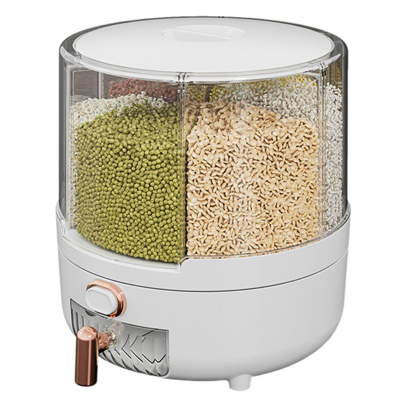 Lindo Cubo de arroz rejilla hogar transparente presionando Cubo de medición Cubo de almacenamiento de grano a prueba de insectos a prueba de humedad Cubo de arroz giratorio