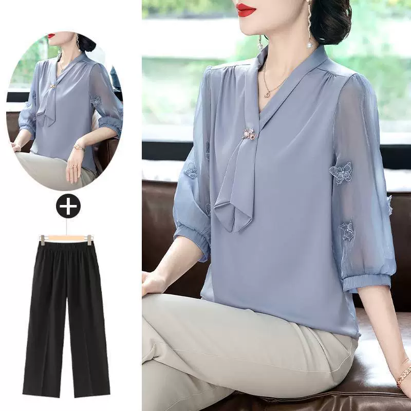 Благородный элегантный шифоновый костюм молодой мамы, повседневный топ для женщин среднего и пожилого возраста, новая летняя рубашка для женщин 40 лет.