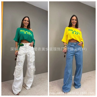 2026夏季款亚马逊跨境女装世界杯字母一字肩长袖短款女针织衫2色
