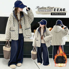 女童夹棉毛外套秋冬2025新款连帽加厚毛毛衣保暖外穿绗棉棉服童装