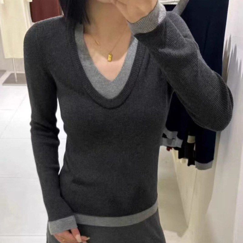 假两件V领针织衫女春秋2025新款设计感毛衣内搭撞色洋气打底上衣|undefined