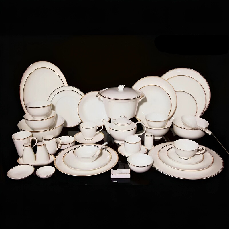 Yubao Fang Bone China Double Gold Line Dinnerware Set Hotel Table Setting Western Plate Salad Bowl Gold-Edged Steak Plate Yubao Fang Bone China Double Gold Line Dinnerware Set Hotel Table Setting Western Plate Salad Bowl Gold-Edged Steak Plate