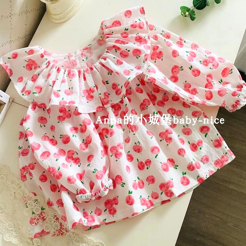 Ropa Infantil, Camisas para Niñas, Nueva Colección 2025, Camisas Elegantes con Estampado de Cerezas, Manga Larga, Cuello Camisero, Venta al Por Mayor de Fábrica