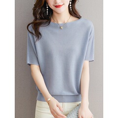 一字襟氷糸ニット半袖tシャツ女性夏2025新型コウモリシャツファッション大サイズ天糸上着