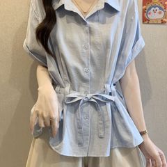 微胖新品漂亮蓝色短袖衬衫女装夏季新款新品收腰遮肚巨好看上衣