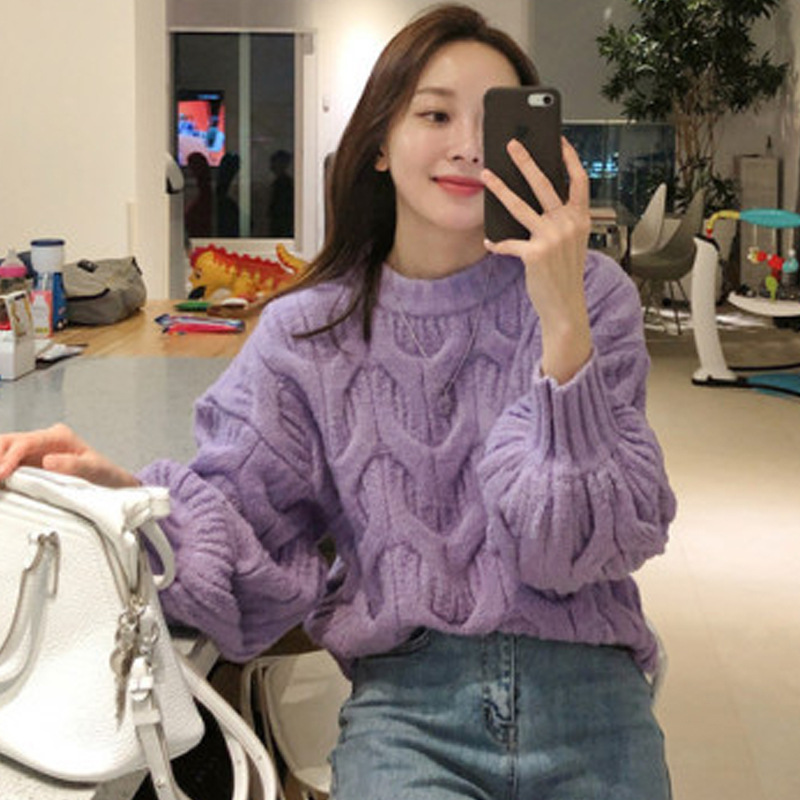 Linterna puff manga cuello redondo Twist pullover mujeres otoño y el invierno estilo perezoso coreano flojo grueso trenzado suéter image 4