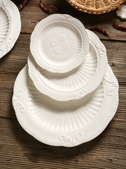 歐式貴族華麗風白瓷盤子 浮雕圓盤 西餐盤蕾絲點心盤甜品盤蛋糕無