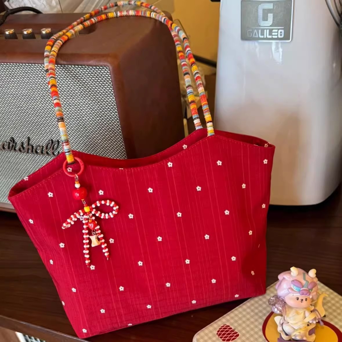 Korean-Style Red Floral Canvas Bag 2026 New Color-Blocking Woven Shoulder Bag Tote Bag Commuter Handbag