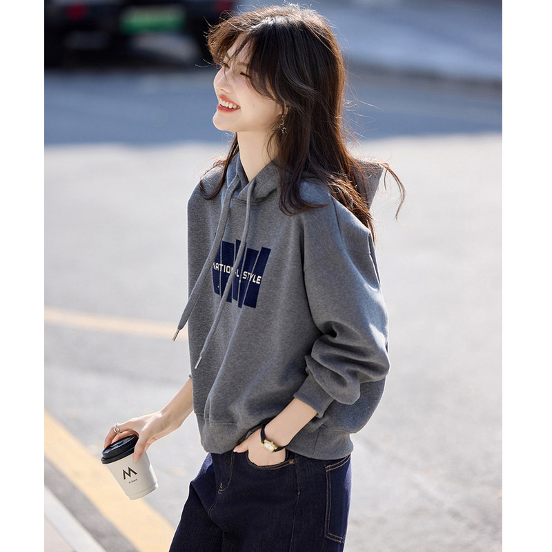 尚静宽松连帽卫衣女春秋季2025新款抽绳字母印花帽衫休闲套头上衣|undefined