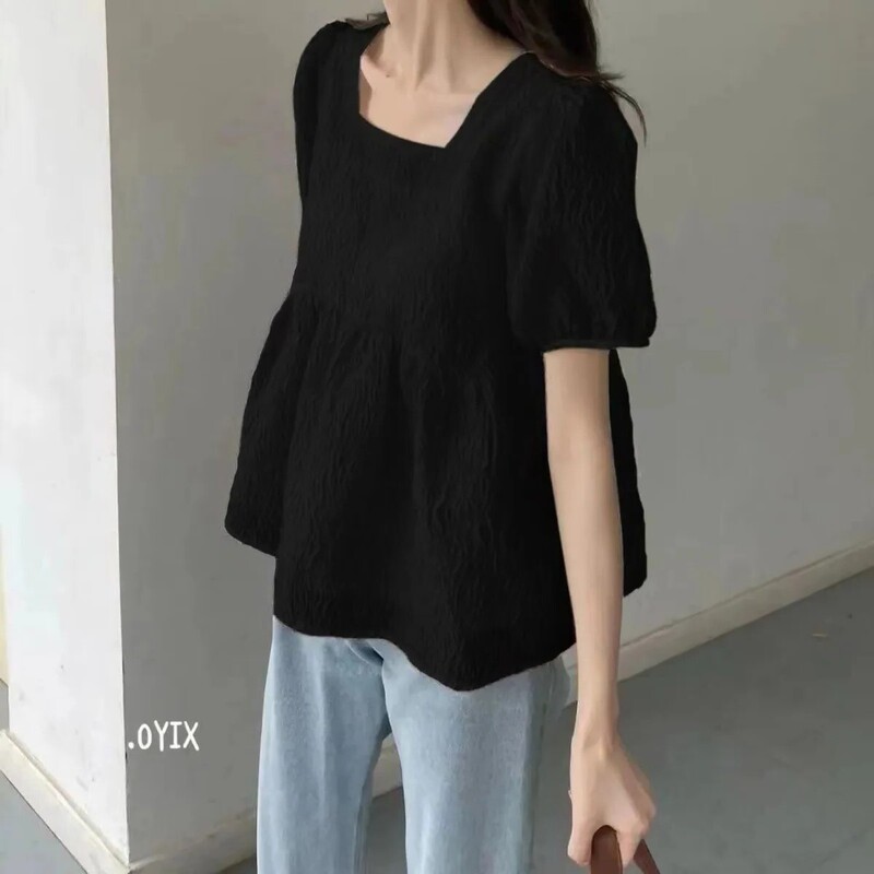 Summer Square Neck Puff Sleeve Shirt for Women Solid Color Summer Flesh-Covering Loose Short-Sleeved Top French Textured Babydoll Pleated Shirt