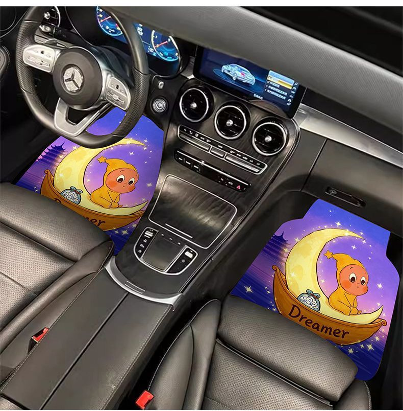 Retro cartoon-style, cute linen car floor mats: absorbent, non-slip, stain-resistant, dirt-repellent, easy to clean, and suitable for all car models